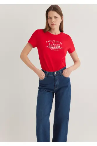 Kedi Baskılı Kırmızı Tişört Semi Slim Fit / Yarı Dar Kesim 1612940-82054 - Kırmızı-82054 - 1
