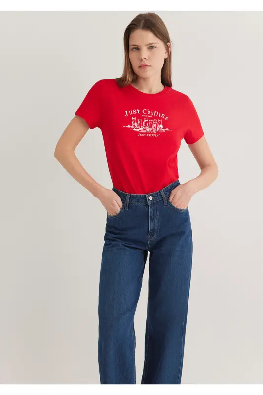 Kedi Baskılı Kırmızı Tişört Semi Slim Fit / Yarı Dar Kesim 1612940-82054 - Kırmızı-82054 - MAVI