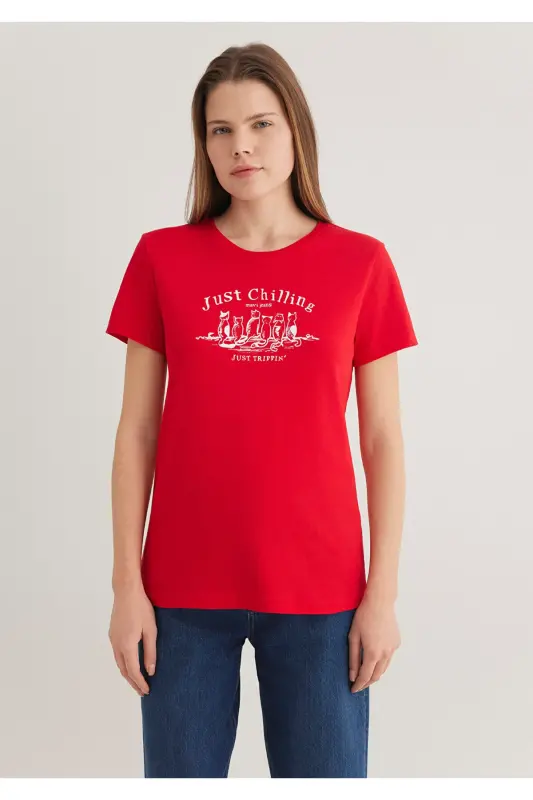 Kedi Baskılı Kırmızı Tişört Semi Slim Fit / Yarı Dar Kesim 1612940-82054 - Kırmızı-82054 - 3