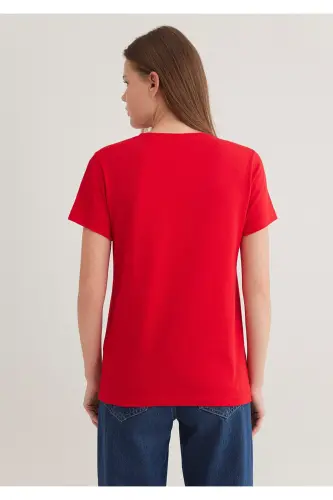 Kedi Baskılı Kırmızı Tişört Semi Slim Fit / Yarı Dar Kesim 1612940-82054 - Kırmızı-82054 - 4