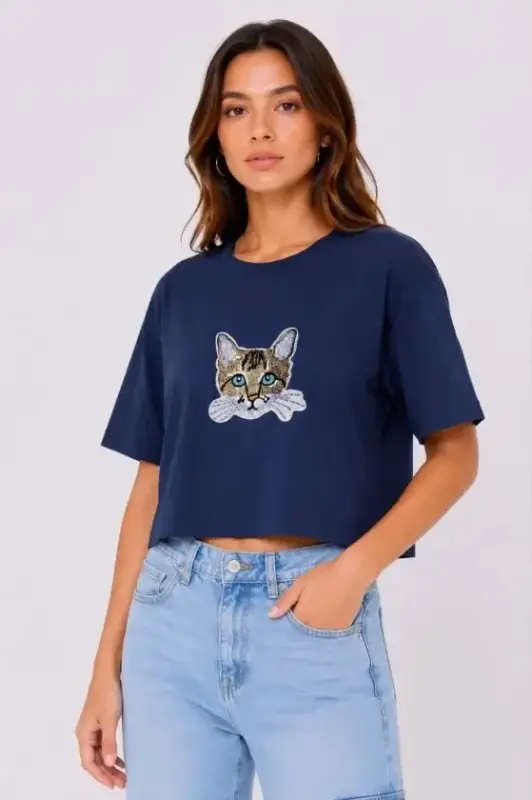Kedi Baskılı Oversize Crop Tişört Salaş Basic Yarım Kol T-shirt - Lacivert - BÜYÜKBEDENIZ