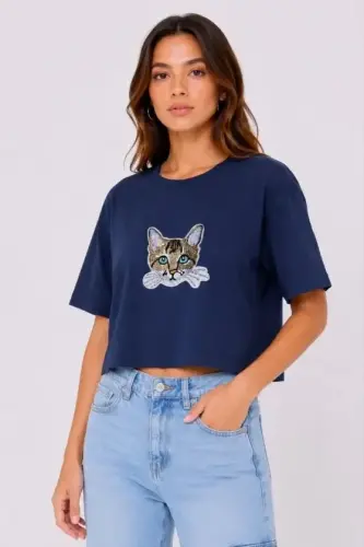Kedi Baskılı Oversize Crop Tişört Salaş Basic Yarım Kol T-shirt - Lacivert - 1