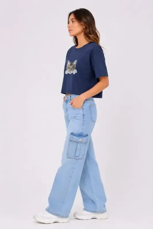 Kedi Baskılı Oversize Crop Tişört Salaş Basic Yarım Kol T-shirt - Lacivert - 2