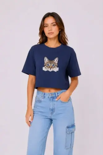 Kedi Baskılı Oversize Crop Tişört Salaş Basic Yarım Kol T-shirt - Lacivert - 3