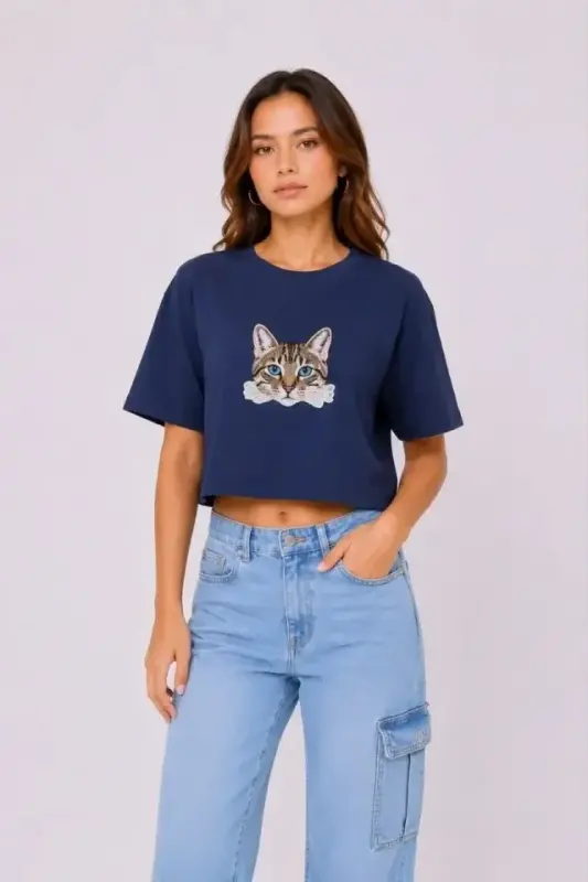 Kedi Baskılı Oversize Crop Tişört Salaş Basic Yarım Kol T-shirt - Lacivert - 3