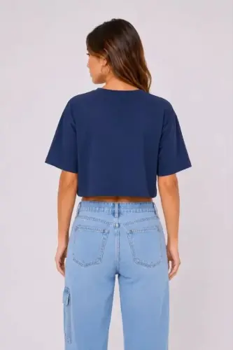 Kedi Baskılı Oversize Crop Tişört Salaş Basic Yarım Kol T-shirt - Lacivert - 4