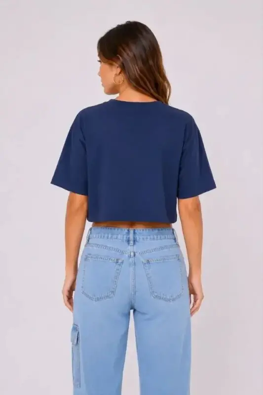 Kedi Baskılı Oversize Crop Tişört Salaş Basic Yarım Kol T-shirt - Lacivert - 4