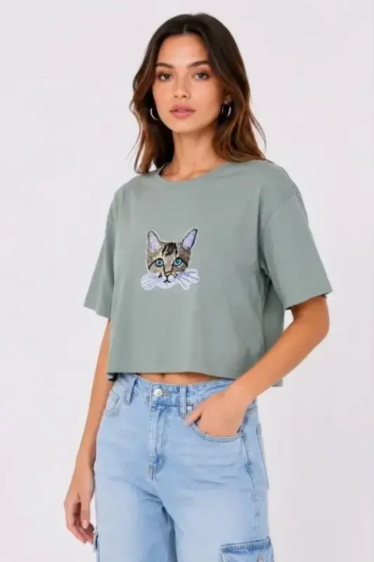 Kedi Baskılı Oversize Crop Tişört Salaş Basic Yarım Kol T-shirt - Mint Yeşili - BÜYÜKBEDENIZ