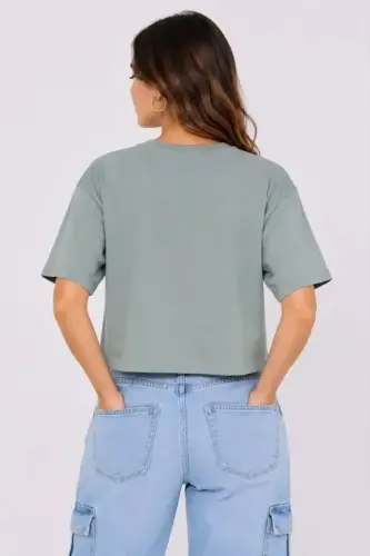 Kedi Baskılı Oversize Crop Tişört Salaş Basic Yarım Kol T-shirt - Mint Yeşili - 3