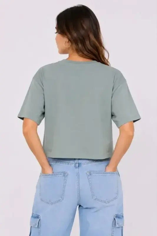 Kedi Baskılı Oversize Crop Tişört Salaş Basic Yarım Kol T-shirt - Mint Yeşili - 3