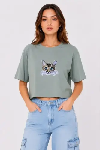 Kedi Baskılı Oversize Crop Tişört Salaş Basic Yarım Kol T-shirt - Mint Yeşili - BÜYÜKBEDENIZ (1)