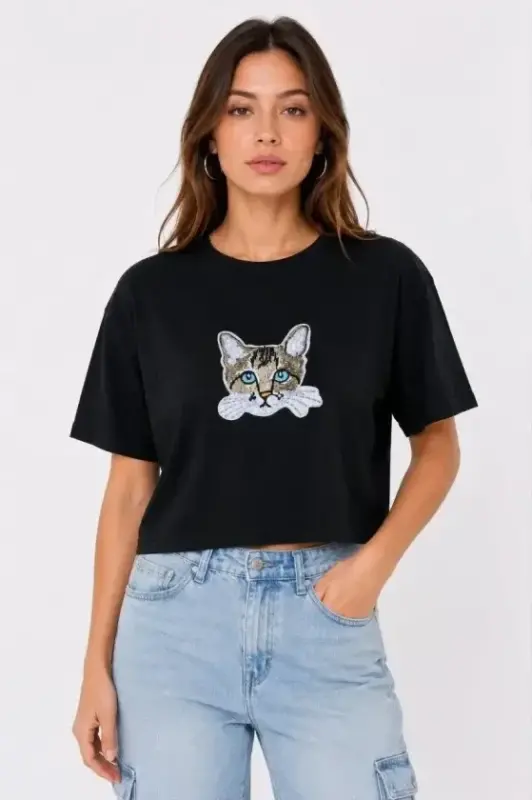 Kedi Baskılı Oversize Crop Tişört Salaş Basic Yarım Kol T-shirt - Siyah - BÜYÜKBEDENIZ
