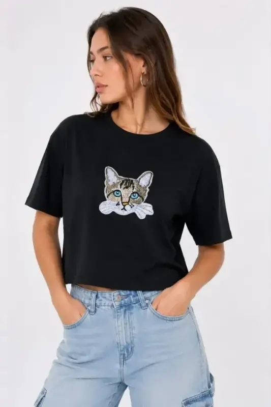 Kedi Baskılı Oversize Crop Tişört Salaş Basic Yarım Kol T-shirt - Siyah - 2