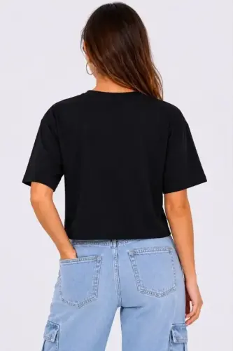 Kedi Baskılı Oversize Crop Tişört Salaş Basic Yarım Kol T-shirt - Siyah - 3