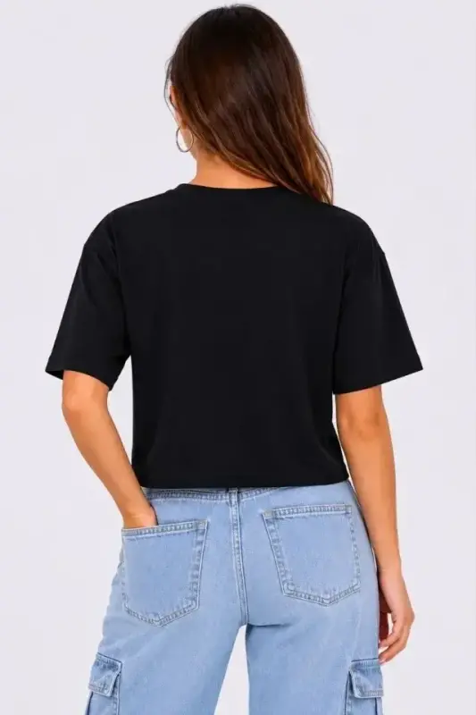 Kedi Baskılı Oversize Crop Tişört Salaş Basic Yarım Kol T-shirt - Siyah - 3