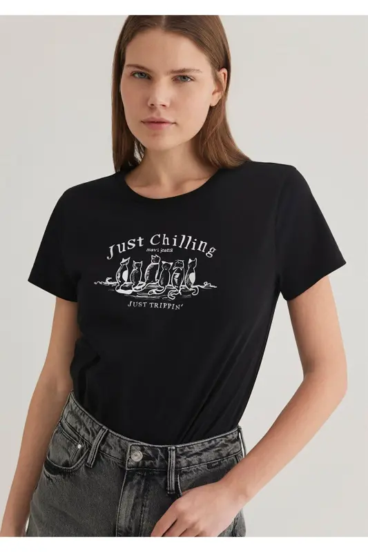 Kedi Baskılı Siyah Tişört Semi Slim Fit / Yarı Dar Kesim 1612940-900-Siyah - 3