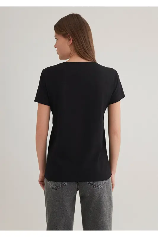 Kedi Baskılı Siyah Tişört Semi Slim Fit / Yarı Dar Kesim 1612940-900-Siyah - 7