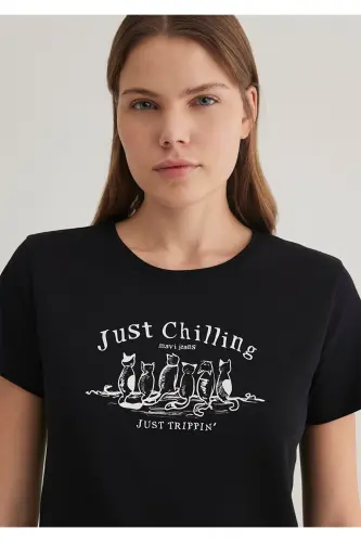 Kedi Baskılı Siyah Tişört Semi Slim Fit / Yarı Dar Kesim 1612940-900-Siyah - 8