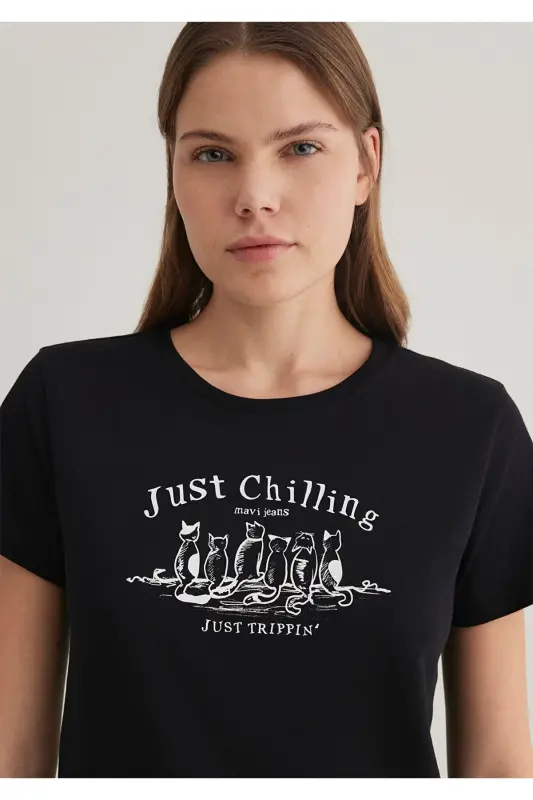 Kedi Baskılı Siyah Tişört Semi Slim Fit / Yarı Dar Kesim 1612940-900-Siyah - 8