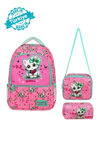 Kedi Desenli Ortopedik Sırt Destekli Pembe Renk Ilkokul Sırt Çantası Beslenme Ve Kalemlikli Set - PEMBE - 1