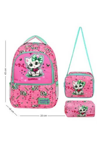 Kedi Desenli Ortopedik Sırt Destekli Pembe Renk Ilkokul Sırt Çantası Beslenme Ve Kalemlikli Set - PEMBE - ALANÇ GIFT (1)