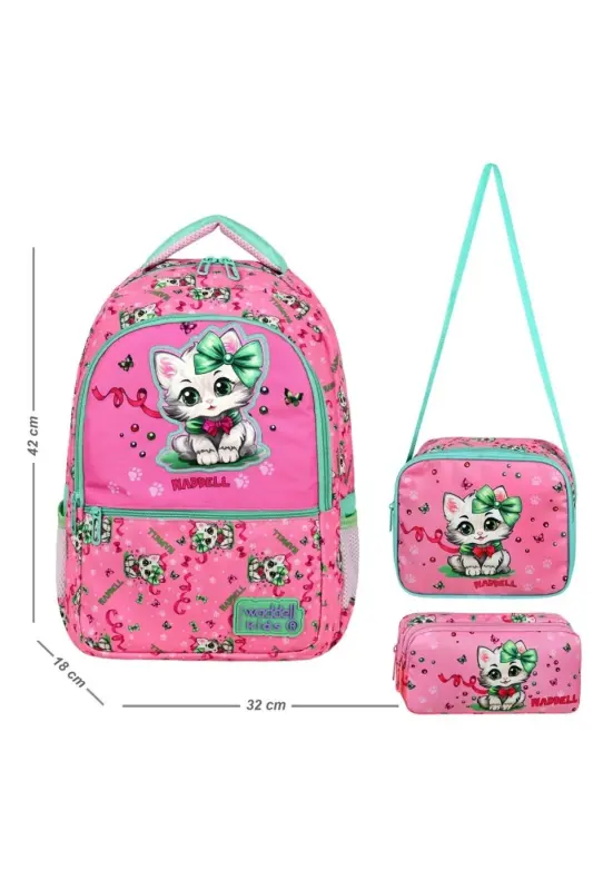 Kedi Desenli Ortopedik Sırt Destekli Pembe Renk Ilkokul Sırt Çantası Beslenme Ve Kalemlikli Set - PEMBE - 2