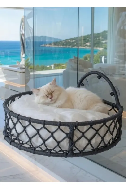Kedi Köpek Cam Yatağı Hamak El İşçiliği - Antrasit - TASARYUM