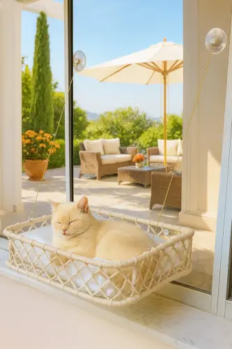 Kedi Köpek Cam Yatağı Vantuzlu Hamak El İşçiliği - Krem 