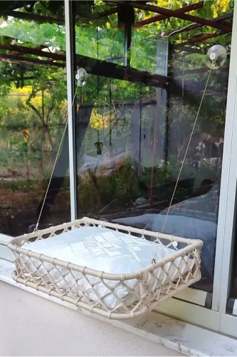Kedi Köpek Cam Yatağı Vantuzlu Hamak El İşçiliği - Krem - 3