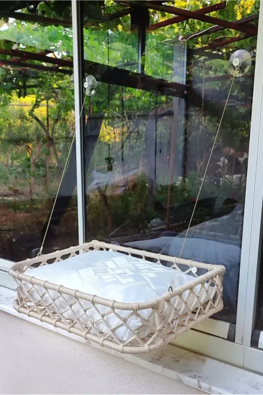 Kedi Köpek Cam Yatağı Vantuzlu Hamak El İşçiliği - Krem - 3