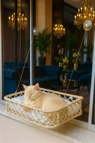 Kedi Köpek Cam Yatağı Vantuzlu Hamak El İşçiliği - Krem - 4