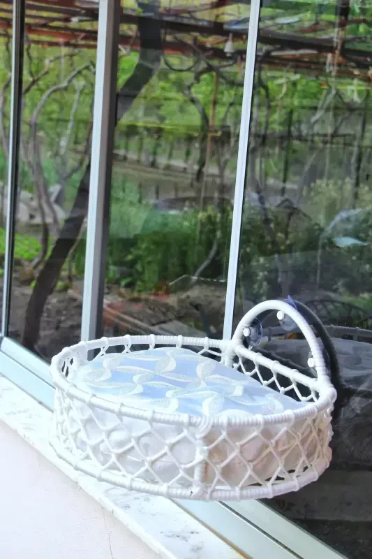 Kedi Köpek Cam Yatağı Vantuzlu Hamak El İşçiliği-Beyaz - 3