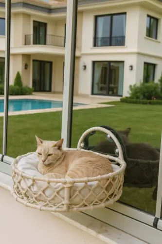 Kedi Köpek Cam Yatağı Vantuzlu Hamak El İşçiliği - Krem - 5