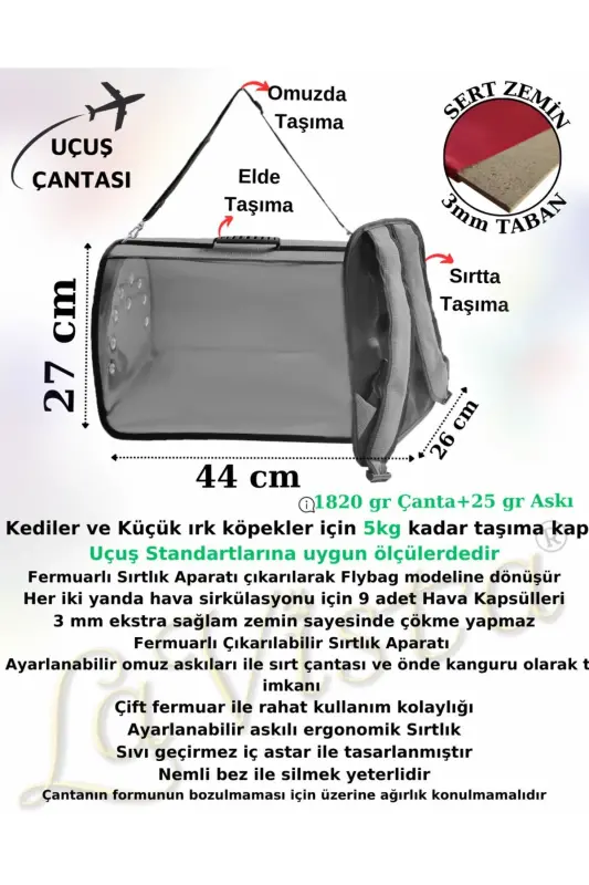 Kedi Köpek Sırt Taşıma Çantası Flybag Tomris Gri - Gri - 2
