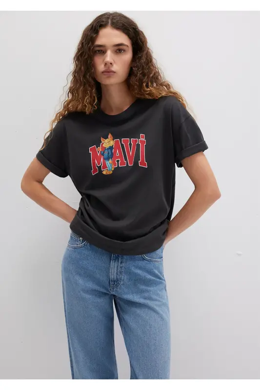 Kedi Logo Baskılı Antrasit Tişört Loose Fit / Bol Rahat Kesim 1613285-70087 - 3