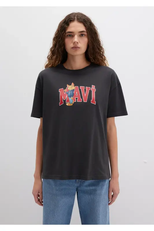 Kedi Logo Baskılı Antrasit Tişört Loose Fit / Bol Rahat Kesim 1613285-70087 - 4