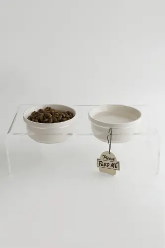 Kedi ve Köpek Dekoratif Seramik Pleksi Mama Ve Su Kabı - Beyaz - 6