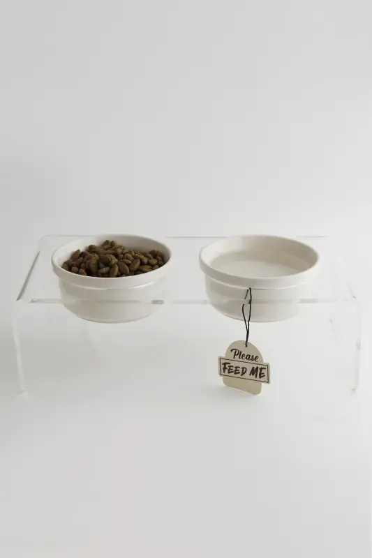 Kedi ve Köpek Dekoratif Seramik Pleksi Mama Ve Su Kabı - Beyaz - 6