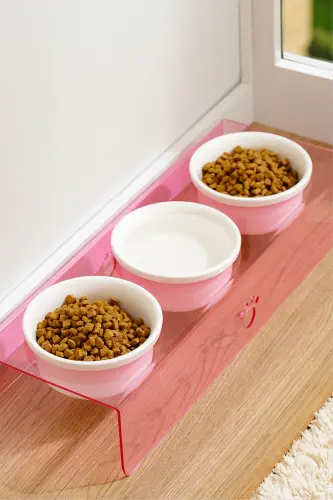 Kedi Ve Köpek Mama Su Kabı Seramik Kaseli Mamalık 3 Lü-PEMBE - MODAZONE (1)