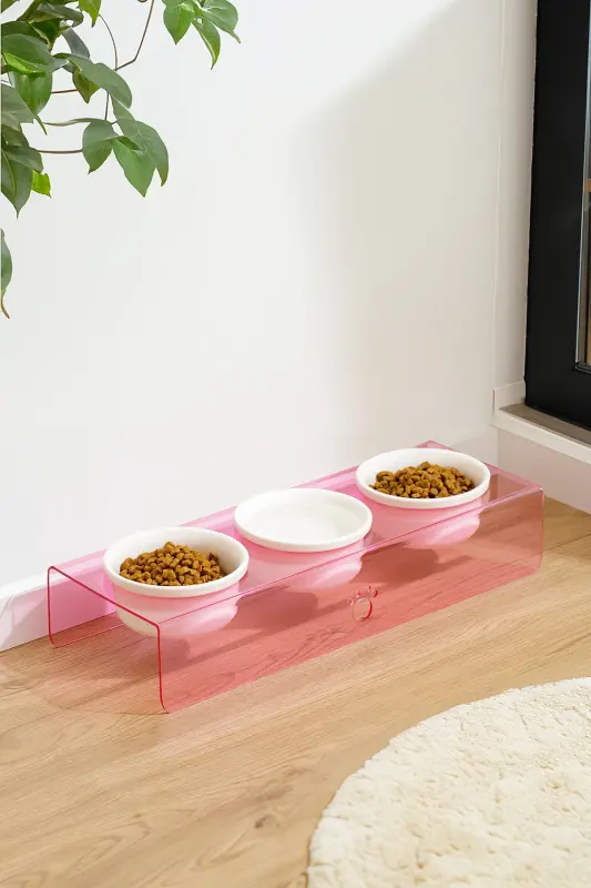 Kedi Ve Köpek Mama Su Kabı Seramik Kaseli Mamalık 3 Lü-PEMBE - MODAZONE