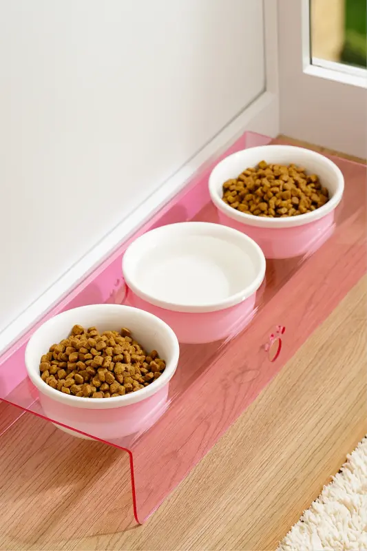 Kedi Ve Köpek Mama Su Kabı Seramik Kaseli Mamalık 3 Lü-PEMBE - 2