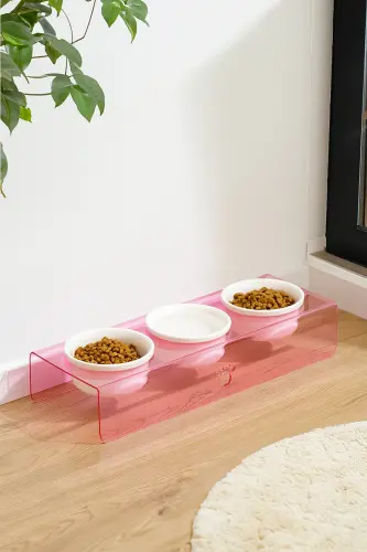 Kedi Ve Köpek Mama Su Kabı Seramik Kaseli Mamalık 3 Lü-PEMBE 