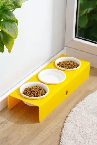 Kedi Ve Köpek Mama Su Kabı Seramik Kaseli Mamalık 3 Lü-SARI - MODAZONE (1)