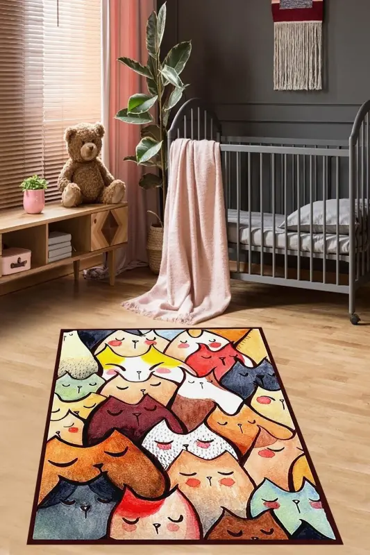 Kedili Halı Kedi Desenli Renkli Dijital Baskı Yıkanabilir Kaymaz Taban Bebek Ve Çocuk Odası Halısı - Renkli504 - 1