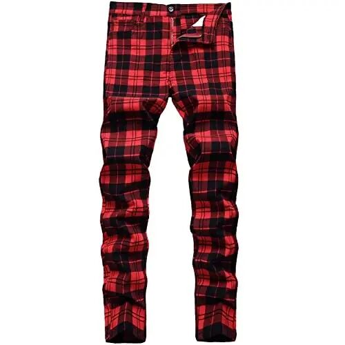 Keevoom Plaid Pants for Men Stretch Skinny Slim Fit Flat-Front Casual Fashion Comfy Solid Pencil Business Dress Chinos Pants - KEEVOOM