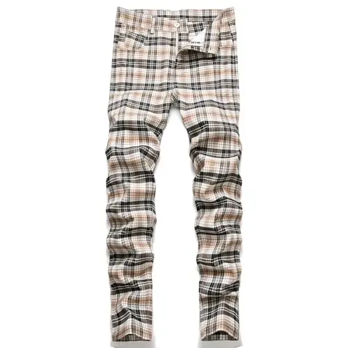 Keevoom Plaid Pants for Men Stretch Skinny Slim Fit Flat-Front Casual Fashion Comfy Solid Pencil Business Dress Chinos Pants 