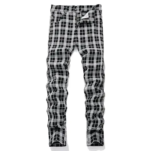 Keevoom Plaid Pants for Men Stretch Skinny Slim Fit Flat-Front Casual Fashion Comfy Solid Pencil Business Dress Chinos Pants 