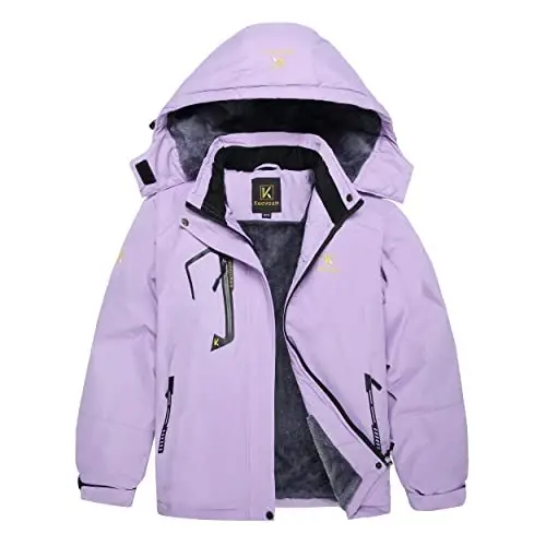 Keevoom Girl's Waterproof Ski Jacket Fleece Qor Palto Shamoldan Himoya Issiq Qishki Snoubord Kurtkasi Olinadigan Kapushon bilan 