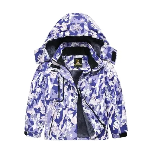 Keevoom Girl's Waterproof Ski Jacket Fleece Snow Coat Windproof Warm Winter Snowboarding Jacket with Removable Hood 