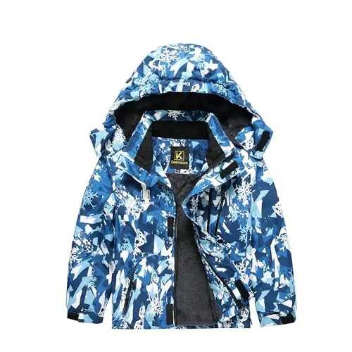 Keevoom o'g'il bolalar qishki palto chang'i kurtkasi shamoldan himoya qiluvchi bolalar snowboard iliq fleece qorli palto suv o'tkazmaydigan tashqi makon kaputli chang'i paltolari 